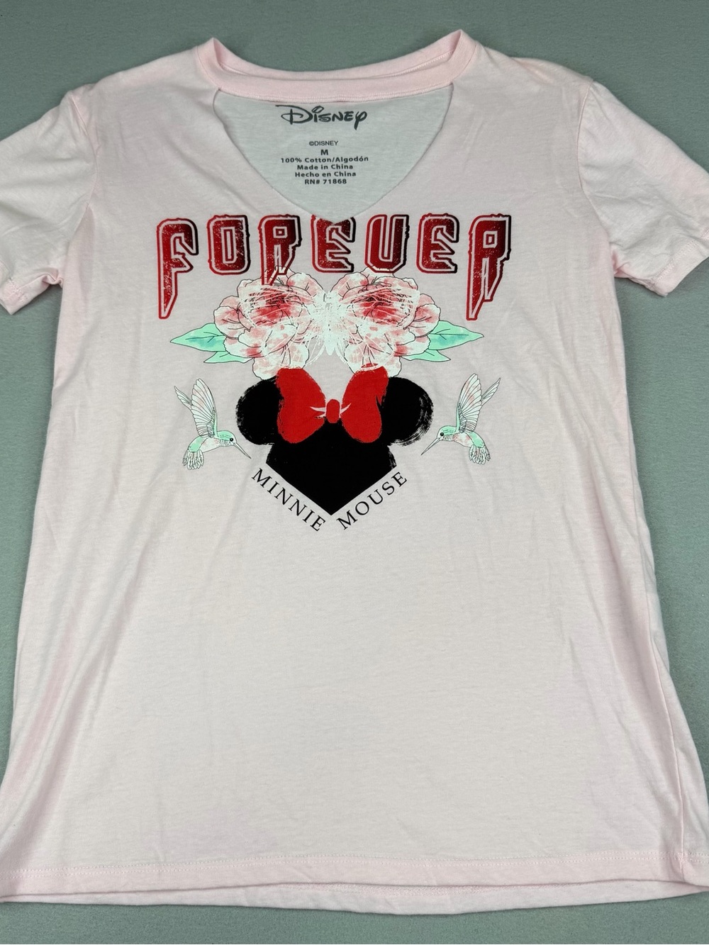 Disney Minnie Mouse Forever Floral Graphic Tee Womens M Pink V Neck Cotton